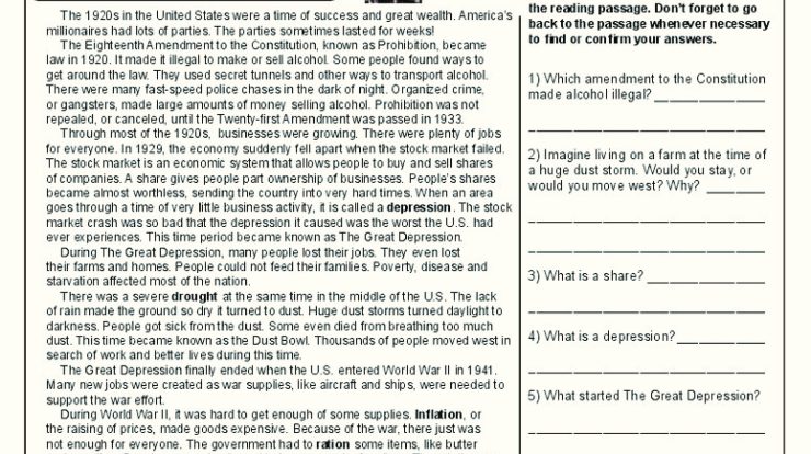 Worksheets on the great depression