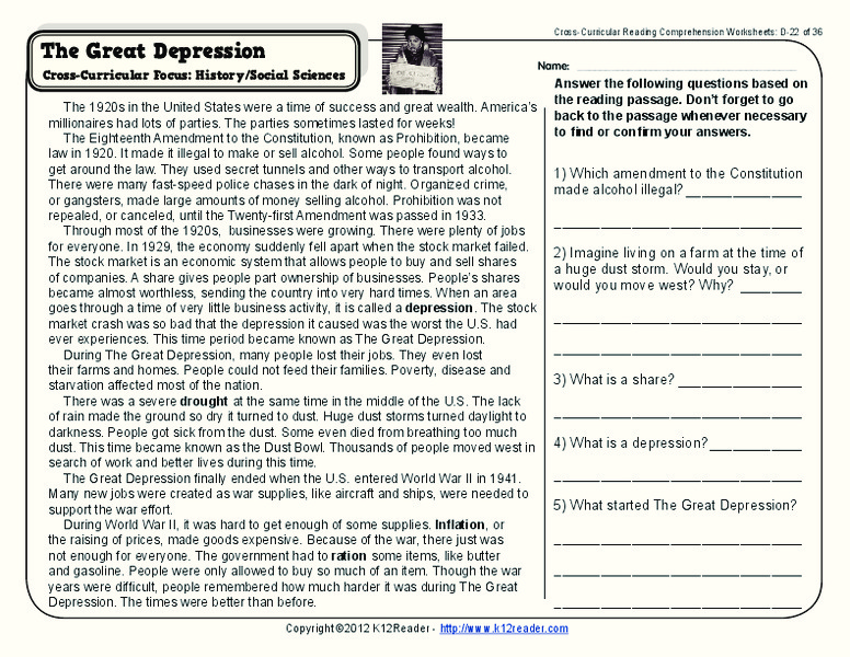 Worksheets on the great depression