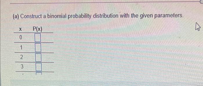 Construct a binomial probability distribution with the given parameters.