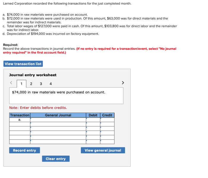 Recorded corporation following larned materials raw transactions month completed were indirect purchased direct amount just equipment remainder used account depreciation